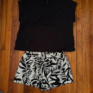 SHEIN Black Top with Black and White Tropical Print Swim Shorts
